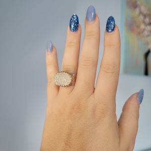 9k Yellow Gold And 925 Sterling Silver 6 Carat White Agate Druzy Stone sz 6.5